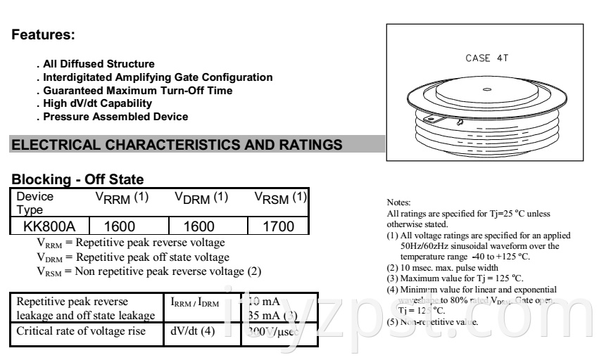 High Power Thyristor for Inverter YZPST-KK800A1600V